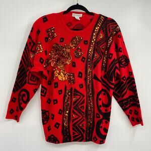 Vintage 80s Lambswool Sweater Beaded Sequined Oversized Red Gold Black Womens S